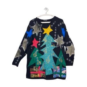 V C Torias Vintage Signed Christmas Holiday Sweater Hand Painted Art to Wear